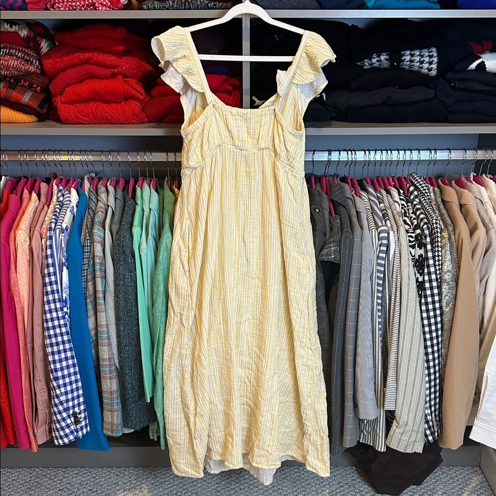 Time and Tru yellow/white striped elastic waist adjustable strap midi dress M - Picture 3 of 3